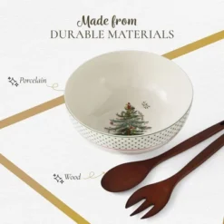 Spode Christmas Tree 10 Inch Serving Bowl & Wooden Servers, Polka Dot - Ceramic Serving Bowls & Party Bowls For Holiday Celebrations -Spode GUEST c09b01d3 da19 4e89 86e0 78be656c6b4a