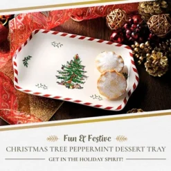 Spode Christmas Tree Peppermint Dessert Tray (12" X 7.25") - Festive Porcelain Serving Tray For Appetizers, Charcuterie, Snacks, Desserts