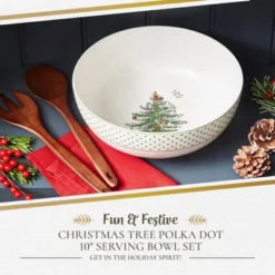 Spode Christmas Tree 10 Inch Serving Bowl & Wooden Servers, Polka Dot - Ceramic Serving Bowls & Party Bowls For Holiday Celebrations
