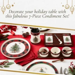 Spode Christmas Tree Condiment Set - 7 Piece Holiday Serveware Set - Ceramic Dip Bowls, Spoons, Serving Tray Included - Tartan Plaid -Spode GUEST cf8427da 94e2 4cac 919b bffd20a8cff0