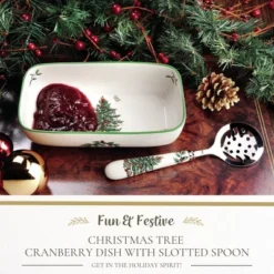 Spode Christmas Tree Cranberry Sauce Serving Dish With Slotted Spoon (8"x 4.25") - Server With Holiday Motif - Dishwasher, Microwave, Freezer Safe