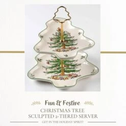 Spode Christmas Tree 2-Tiered Server, Tree-Shaped - Holiday Cupcake Stand, Dessert Display Set, Porcelain Serving Platter, 10" & 8", Dishwasher Safe