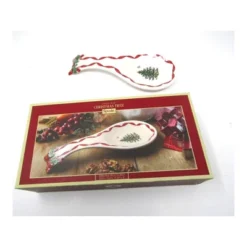 Spode Christmas Tree Ribbons Spoon Rest, 9.25" Festive Holiday Cooking Utensil Holder, Fine Earthenware - Dishwasher Safe, Christmas Kitchen Décor
