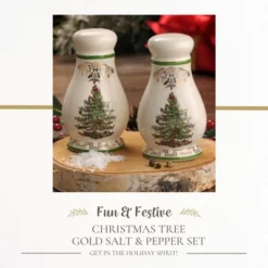 Spode Christmas Tree Gold Salt And Pepper Shaker Set, 2-Piece, Christmas Gift/Stocking Stuffer For Collectors & Holiday Enthusiasts