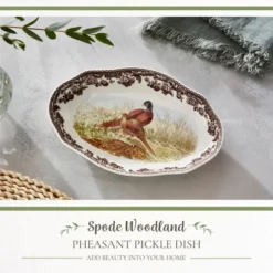 Spode Woodland Pheasant Pickle Dish - 8.5" Porcelain Tray With British Flowers Border & Scalloped Edge, Microwave, Dishwasher, Oven & Freezer Safe