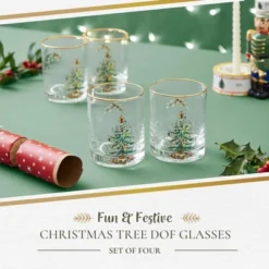 Spode Christmas Tree 14oz Double Old Fashioned Glasses, Set Of 4 - Festive Holiday, Excellent For Whiskey At Holiday Gatherings And Cozy Celebrations