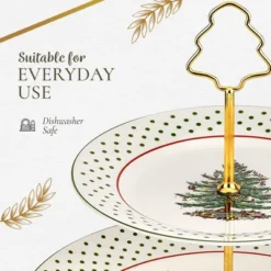 Spode Christmas Tree 2-Tiered Server (8" & 10") - Polka Dot Tiered Tray, Festive Tableware With Gold Handle, Durable Stoneware - Dishwasher Safe -Spode GUEST e23415c3 df3d 43fc b6f9 547009fb3cac