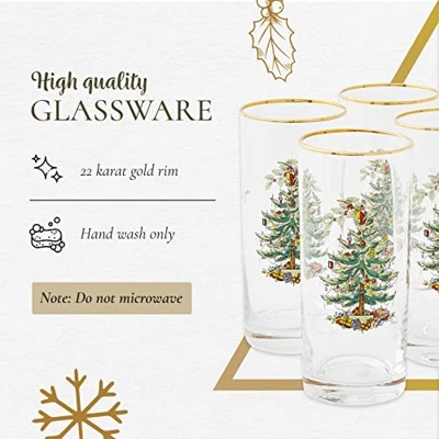 Spode Christmas Tree 15oz Highball Glasses, Set Of 4 - Gold-Rimmed Elegant Holiday-Themed Glassware, Festive Holiday Drinkware For Christmas Parties 7 Spode Christmas Tree 15oz Highball Glasses, Set Of 4 - Gold-Rimmed Elegant Holiday-Themed Glassware, Festive Holiday Drinkware For Christmas Parties - Image 5
