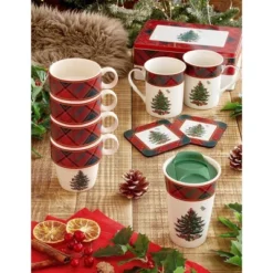 Spode Christmas Tree Tartan Stacking Mugs, Set Of 4 - Festive Tartan Design Coffee Cups, 10oz Earthenware Mugs, Colorful And Fun Stackable Mugs -Spode GUEST e59ac988 e787 4f59 9e94 a7fda9dca991