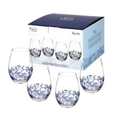 Spode Blue Italian Stemless Wineglasses, Set Of 4 - 19oz Artistic Tumbler-Style Goblets With Scenic Border & Scroll Accent