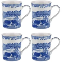 Spode Blue Italian 12oz Porcelain Mug, Set Of 4 - Compact Hot Beverage Cups With Ornamental Scenic Pattern & Glazed Finish -Spode GUEST edd93be1 222a 4ee7 a683 68aaded81334