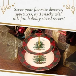 Spode Christmas Tree Tartan 2-Tiered Server, Holiday Cupcake Stand, Dessert Display Set, Earthenware Serving Platter, 10" & 8" Plates, Dishwasher Safe -Spode GUEST ee1fa81d d47d 46b9 b442 a71e40f5f18e