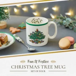 Spode Christmas Tree Mug Set Of 4 - 9oz Ceramic - Microwave, Oven, Freezer & Dishwasher Safe - Festive Holiday Coffee Tea Cup