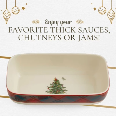Spode Christmas Tree Tartan Cranberry Sauce Serving Dish With Slotted Spoon (8"x 4.25") - Server With Plaid Border - Dishwasher, Microwave Safe 7 Spode Christmas Tree Tartan Cranberry Sauce Serving Dish With Slotted Spoon (8"x 4.25") - Server With Plaid Border - Dishwasher, Microwave Safe - Image 5