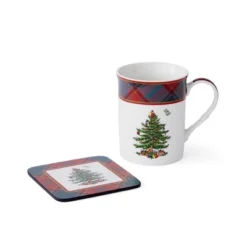 Spode Christmas Tree Tartan Mug & Coaster Set With Tin Box (5-Piece Set), Elegant Porcelain Mugs And Cork-Backed Coasters, Dishwasher & Microwave Safe -Spode GUEST f300d4c3 0c0f 4bc6 8f56 52f21aa51d48
