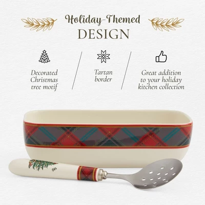 Spode Christmas Tree Tartan Cranberry Sauce Serving Dish With Slotted Spoon (8"x 4.25") - Server With Plaid Border - Dishwasher, Microwave Safe 4 Spode Christmas Tree Tartan Cranberry Sauce Serving Dish With Slotted Spoon (8"x 4.25") - Server With Plaid Border - Dishwasher, Microwave Safe - Image 2