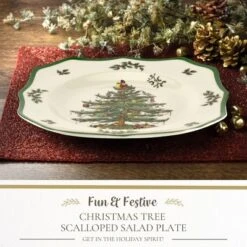 Spode Christmas Tree Scalloped Salad Plate - Holiday-Themed Stoneware Appetizer Plate - 9 Inch Christmas Dinner Dish - Dishwasher & Microwave Safe