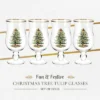 Spode Christmas Tree 17.5oz Tulip Glasses, Set Of 4 - Gold-Rimmed Whimsical Holiday Glasses For Sparkling Wine And Champagne