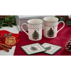 Spode Christmas Tree Polka Dot Mug & Coaster Set With Tin Box (5-Piece Set) - Porcelain Mugs And Cork-Backed Coasters - Dishwasher & Microwave Safe