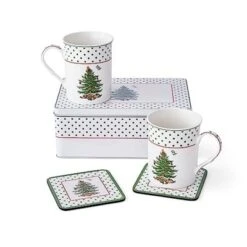 Spode Christmas Tree Polka Dot Mug & Coaster Set With Tin Box (5-Piece Set) - Porcelain Mugs And Cork-Backed Coasters - Dishwasher & Microwave Safe -Spode GUEST fae58541 0f4b 4db6 9164 91991f0a9a0a