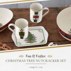 Spode Christmas Tree Nutcracker 10oz Mug & 8" Tray Set (3-Piece Set) - Festive Porcelain Mugs With Melamine Tray, Dishwasher & Microwave Safe